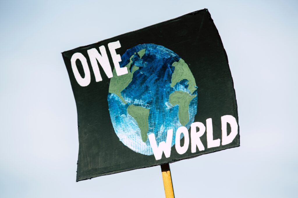 Image of a poster raised in the sky about 'One World' - a climate change poster